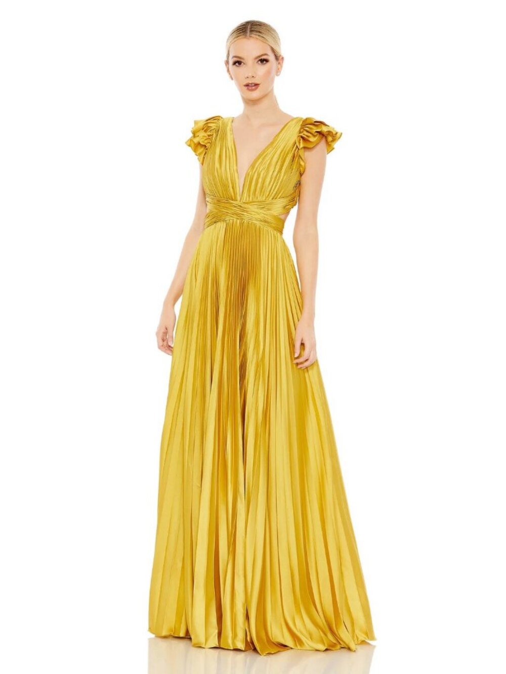 Mac Duggal Size 2 Chartreuse 26729 Pleated Flutter Sleeve V Lace-Up Gown Dress
